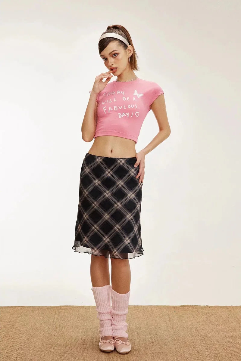Womens Plaid Lettuce Edge Mesh Mini Skirt — dettaglio del tessuto