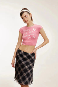 Womens Plaid Lettuce Edge Mesh Mini Skirt — vista completa