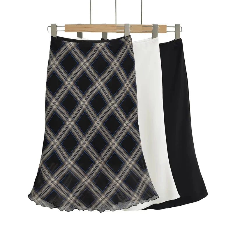 Womens Plaid Lettuce Edge Mesh Mini Skirt — vista frontale