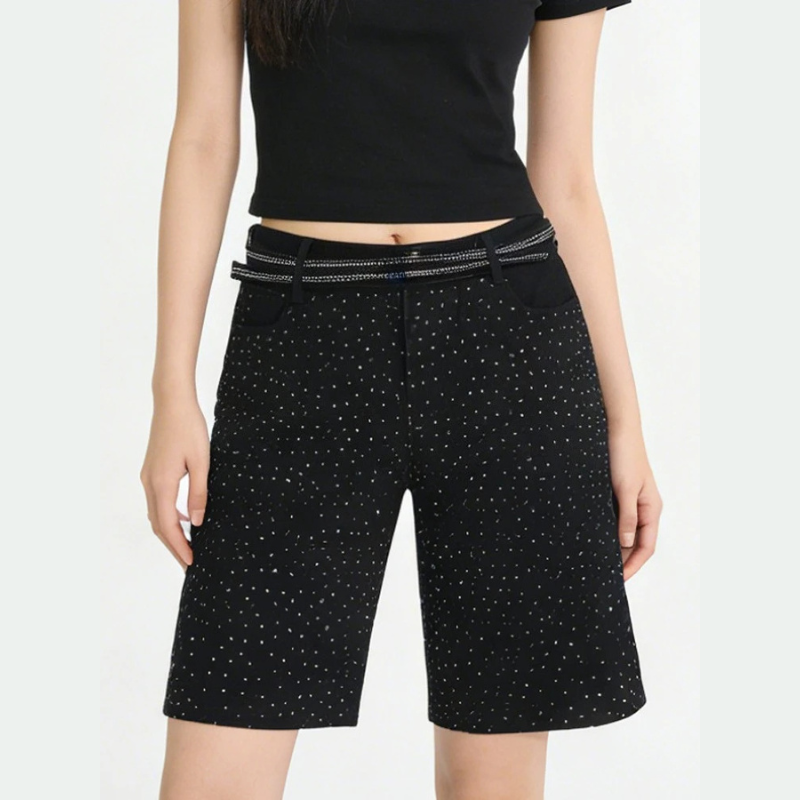 Womens Rhinestone Printed Denim Shorts Jorts — dettaglio della stampa