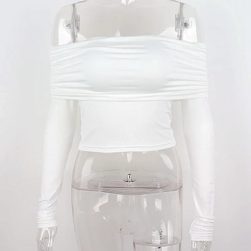 Womens Ruched Off Shoulder Long Sleeve Slim Crop Top — in alternativa