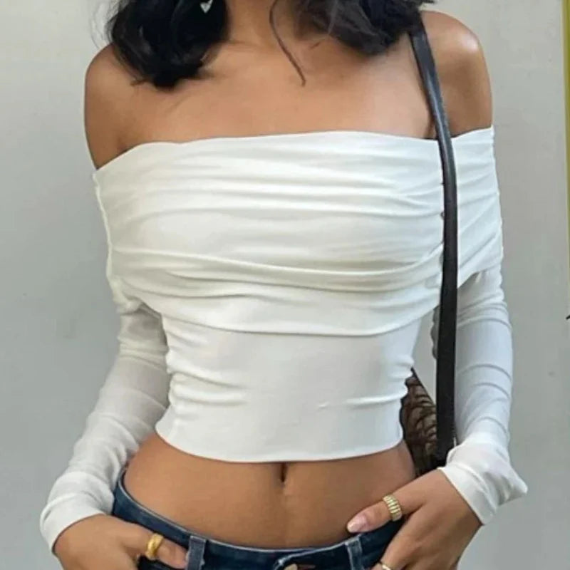 Womens Ruched Off Shoulder Long Sleeve Slim Crop Top — vista frontale