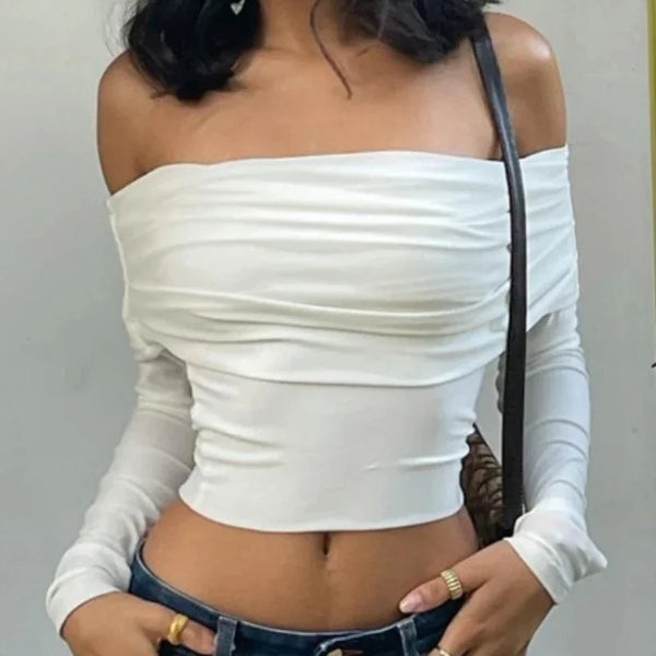 Womens Ruched Off Shoulder Long Sleeve Slim Crop Top — vista frontale