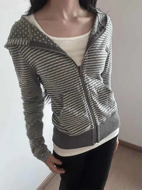 Y2K Womens Striped Grey Zip Up Hoodie