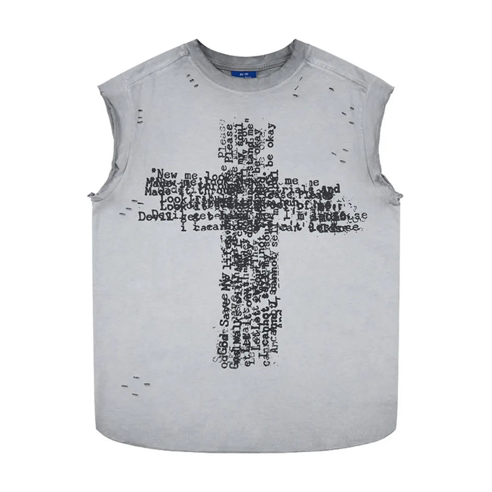 Written Cross Distressed Tank Top — vista frontale