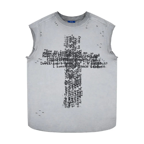 Written Cross Distressed Tank Top — vista frontale