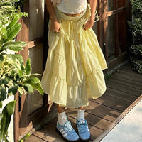 Yellow Bow Tiered Flowy Long Maxi Skirt — vista posteriore