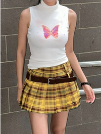 Yellow Plaid Pleated Mini Skirt — vista posteriore