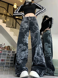 Baggy Dragon Print High Waist Jeans — vista posteriore