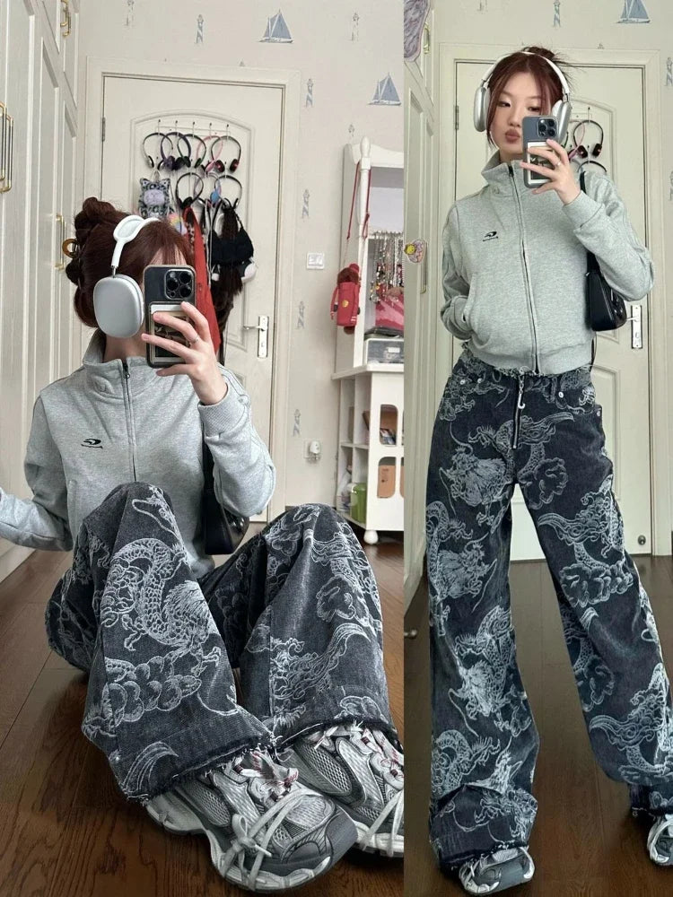Baggy Dragon Print High Waist Jeans — vista frontale