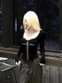 Patchwork Cross Sheer Cropped Long Sleeve Top — vista posteriore