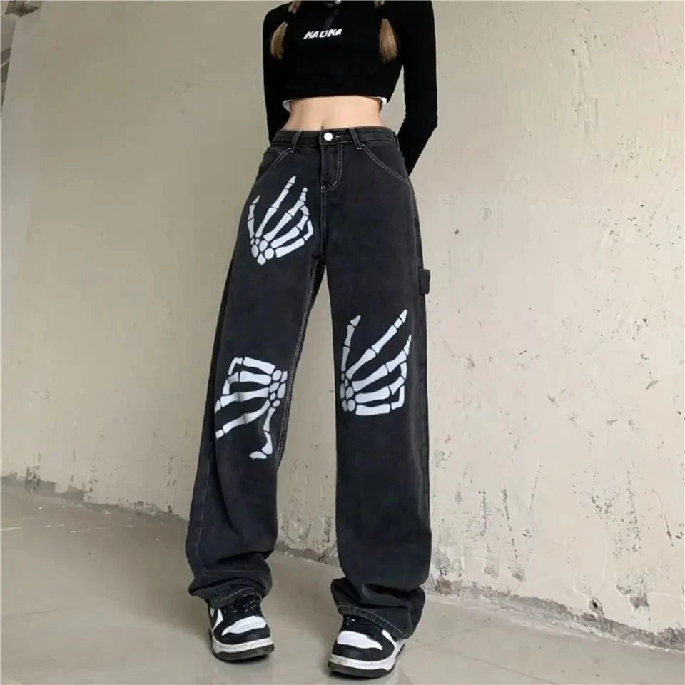 Skeleton Hands Graphic Baggy Jeans — vista frontale