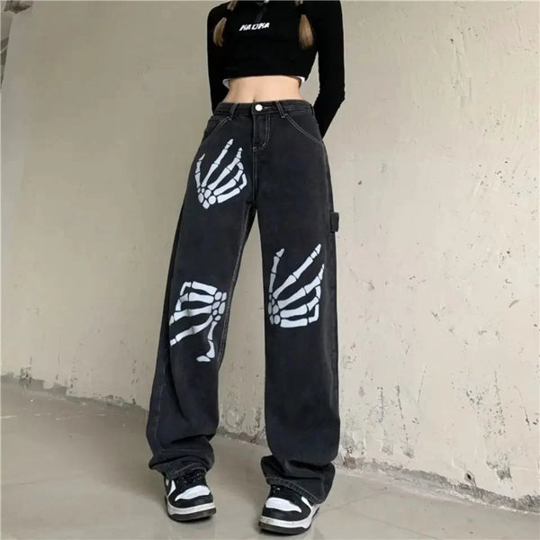 Skeleton Hands Graphic Baggy Jeans — vista frontale