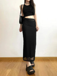 Slim Black Mesh Long Maxi Skirt — dettaglio della stampa