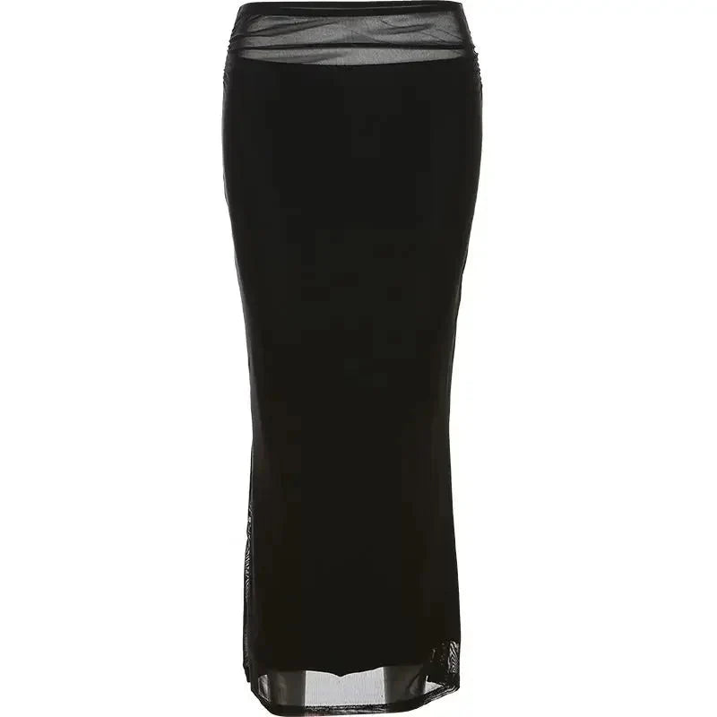 Slim Black Mesh Long Maxi Skirt — vista frontale
