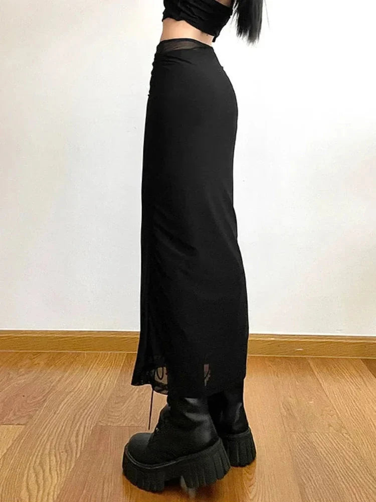 Slim Black Mesh Long Maxi Skirt — vista posteriore
