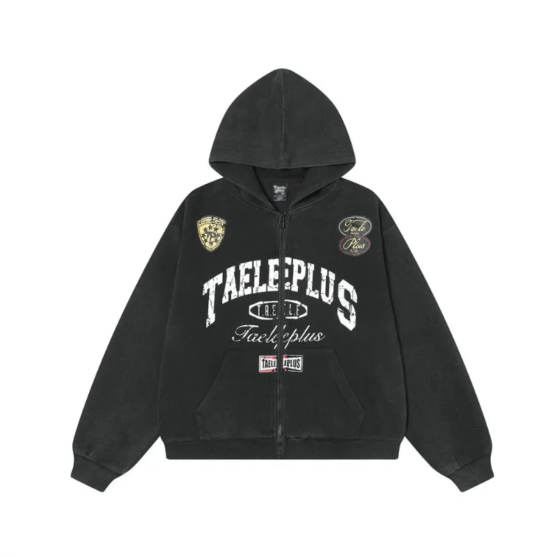 Washed Distressed Graphic Print Baggy Zip Up Hoodie — vista frontale