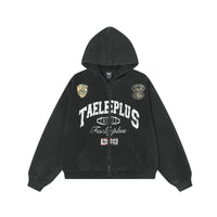 Washed Distressed Graphic Print Baggy Zip Up Hoodie — vista frontale