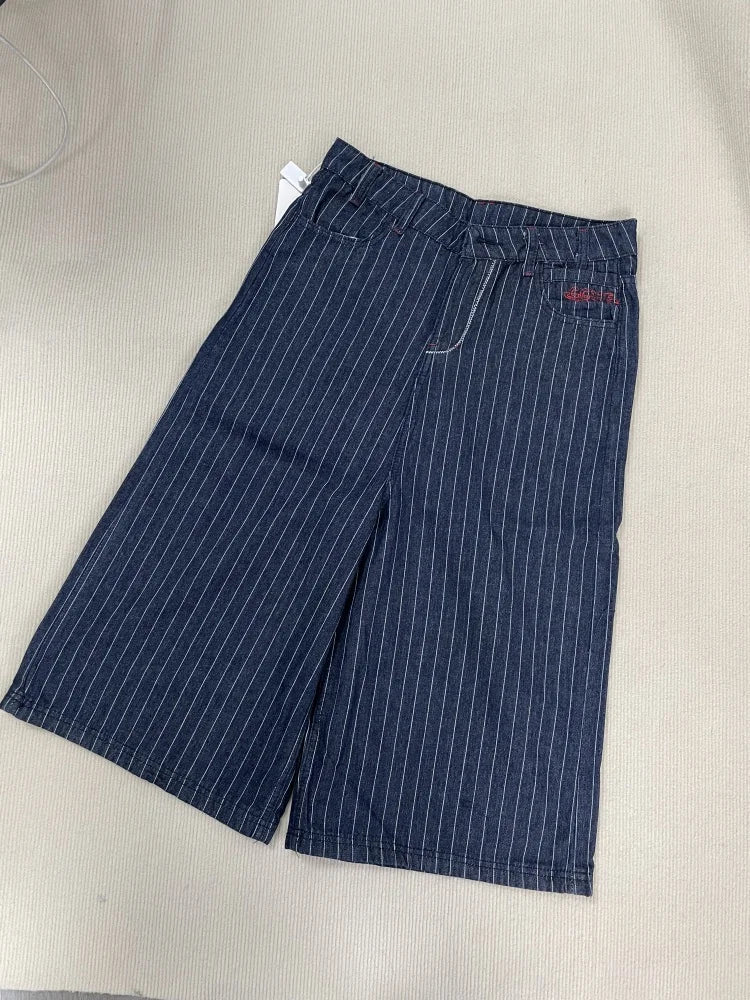 Womens Blue Long Striped Denim Shorts Jorts — in alternativa