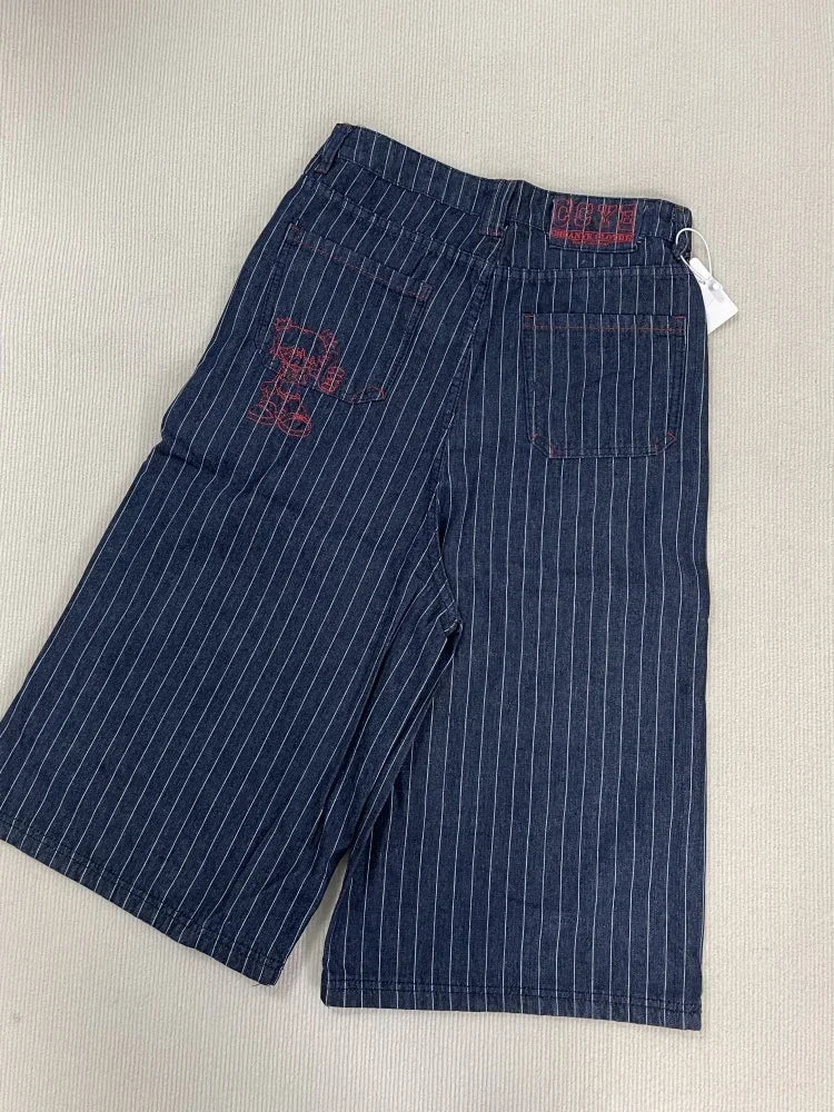 Womens Blue Long Striped Denim Shorts Jorts — vista laterale