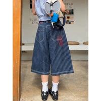 Womens Blue Long Striped Denim Shorts Jorts — dettaglio