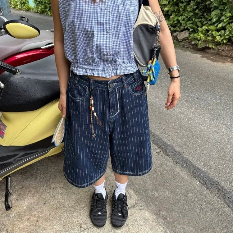 Womens Blue Pinstripe Long Jorts — vista posteriore